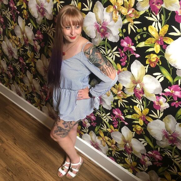 EUC Rebellion Again Black‎ White Striped Romper Large - Picture 9 of 9